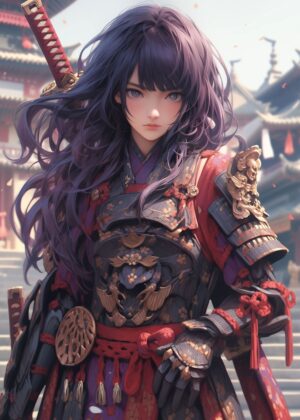 Elegant Samurai Girl Anime Art Print - Premium Wooden Framed Poster. Ready to Hang.