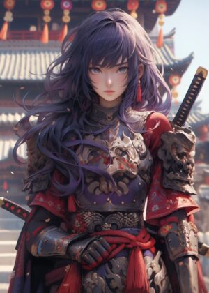 Cute Samurai Maid: Anime Digital Art Print - Premium Wooden Framed Poster. Ready to Hang.