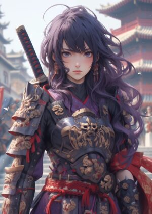 Maiden Samurai Warrior: Digital Art Print - Premium Wooden Framed Poster. Ready to Hang.