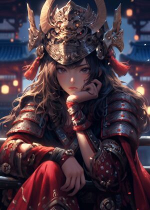 Sweet Samurai: Anime Girl in Traditional Armor - Premium Wooden Framed Poster. Ready to Hang.