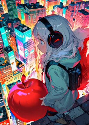 Anime Girl in Cityscape with Apple - Premium Wooden Framed Poster. Ready to Hang.