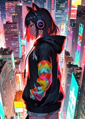 Cyberpunk City Girl: Anime Art Print - Premium Wooden Framed Poster. Ready to Hang.