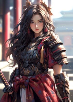 Cute Samurai Girl Art Print - Premium Wooden Framed Poster. Ready to Hang.