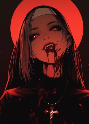 Crimson Nun: Gothic Anime Art Print - Premium Wooden Framed Poster. Ready to Hang.