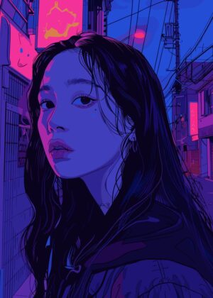Lofi Girl in Pink Retro Cyberpunk Alley - Premium Wooden Framed Poster. Ready to Hang.