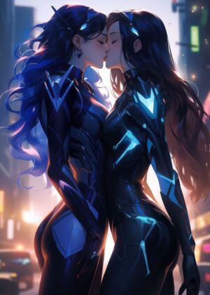 Cyberpunk Romance: A Digital Love Story - Premium Wooden Framed Poster. Ready to Hang.