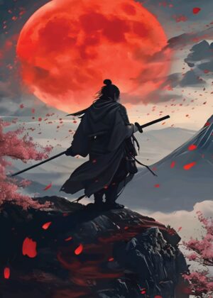 Samurai Under Blood Moon: Anime Art Print - Premium Wooden Framed Poster. Ready to Hang.