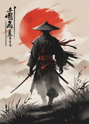 Samurai Under the Rising Sun: Japanese Warrior Art Print - Premium Wooden Framed Poster. Ready to Hang.