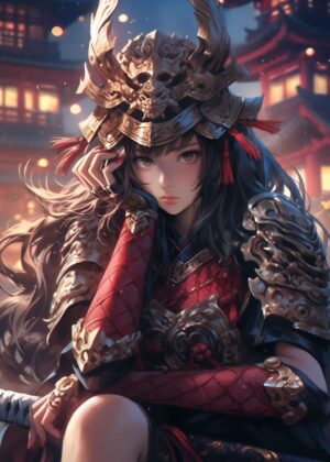 Adorable Samurai Girl Anime Art Print - Premium Wooden Framed Poster. Ready to Hang.