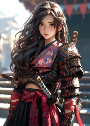 Samurai Assassin Girl: A Digital Art Print - Premium Wooden Framed Poster. Ready to Hang.