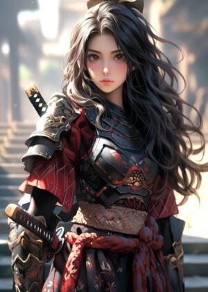 Cute Samurai Assassin Maid: Digital Art Print - Premium Wooden Framed Poster. Ready to Hang.