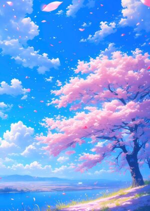 Blossoms in the Sky: A Serene Springtime Escape - Premium Wooden Framed Poster. Ready to Hang.