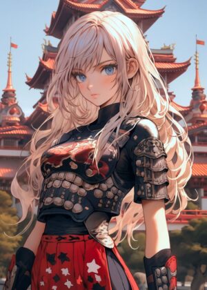 Anime Samurai Girl: Elegant Warrior in Traditional Setting - Premium Wooden Framed Poster. Ready to Hang.