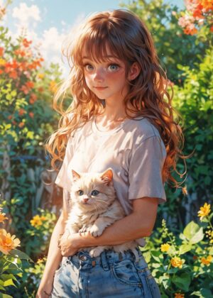 Golden Hour Serenity: A Whimsical Girl and Kitten in a Sunlit Garden - Premium Wooden Framed Poster. Ready to Hang.