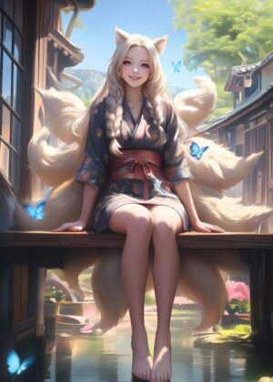 Kyubi Village Serenity: A Breathtaking Anime Art Print - Premium Wooden Framed Poster. Ready to Hang.