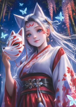 Kyubis Mystical Mask: Anime Girl Digital Art Print - Premium Wooden Framed Poster. Ready to Hang.