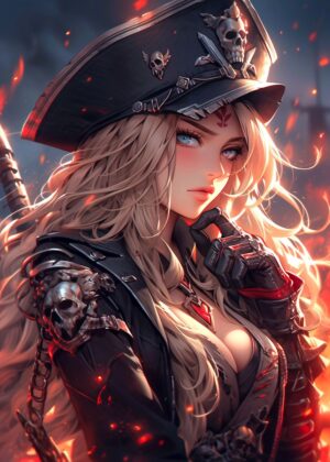 Fierce Pirate Captain: Anime Digital Art Print - Premium Wooden Framed Poster. Ready to Hang.