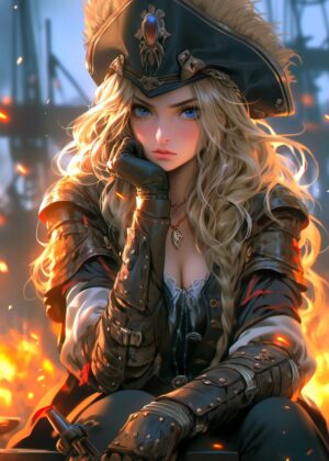 Fierce Pirate Captain Girl Artwork: Digital Painting - Premium Wooden Framed Poster. Ready to Hang.