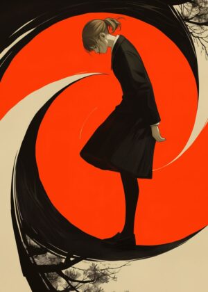 Mysterious Girl in a Whirlwind of Emotion - Premium Wooden Framed Poster. Ready to Hang.