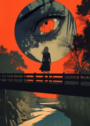Abnormal Core: A Girl on a Bridge Under a Giant Eye - Premium Wooden Framed Poster. Ready to Hang.