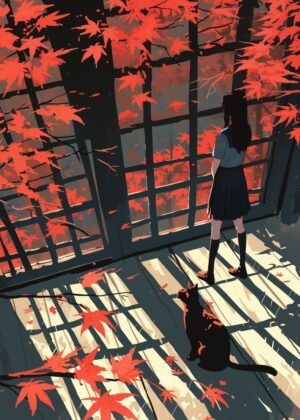 Autumn Solitude: A Girl and Her Cat - Premium Wooden Framed Poster. Ready to Hang.