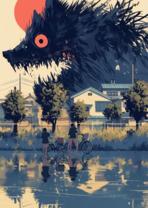Giant Beast in a Suburban Setting: Art Print - Premium Wooden Framed Poster. Ready to Hang.