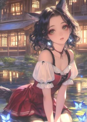 Serene Fox Girl Reflection: Anime Art Print - Premium Wooden Framed Poster. Ready to Hang.
