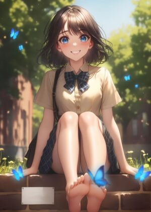 Butterfly Bliss: Anime Girl in Summer Sunlight - Premium Wooden Framed Poster. Ready to Hang.