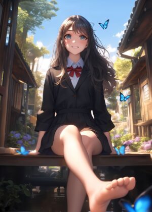 Joyful Serenity: Anime Girl in a Tranquil Setting - Premium Wooden Framed Poster. Ready to Hang.