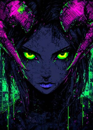 Neon Dripping Succubus: Dark Fantasy Art Print - Premium Wooden Framed Poster. Ready to Hang.