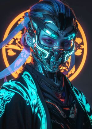 Neon Ninja: Cyberpunk Art Print - Premium Wooden Framed Poster. Ready to Hang.