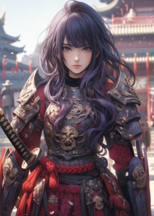 Cute Ninja Samurai Girl Art Print - Premium Wooden Framed Poster. Ready to Hang.