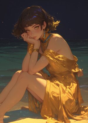 Moonlit Gold Girl: Anime Art Print - Premium Wooden Framed Poster. Ready to Hang.