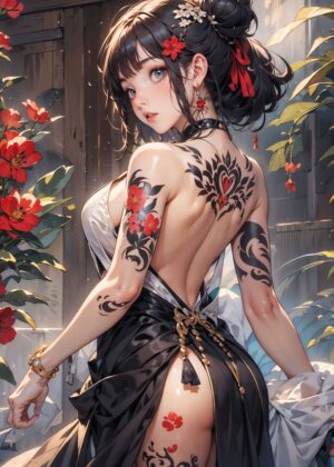 Glamour Anime Girl: Tattooed Beauty - Premium Wooden Framed Poster. Ready to Hang.