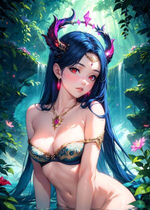 Anime Tropical Girl: Lush Paradise Artwork - Premium Wooden Framed Poster. Ready to Hang.
