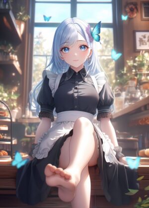 Gentle Maid in Sunlit Cafe - Premium Wooden Framed Poster. Ready to Hang.
