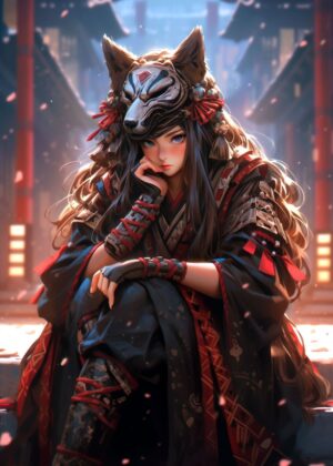 Cute Samurai Girl Anime Art Print - Premium Wooden Framed Poster. Ready to Hang.