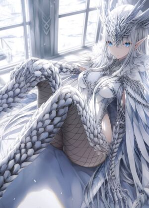 Anime Girl in Silver: Elegant Fantasy Artwork - Premium Wooden Framed Poster. Ready to Hang.