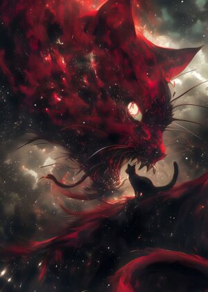 The Red God of Cats: A Mystical Fantasy Art Print - Premium Wooden Framed Poster. Ready to Hang.