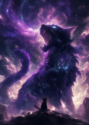 The Purple God of Cats: A Celestial Feline Masterpiece - Premium Wooden Framed Poster. Ready to Hang.