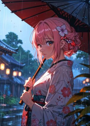 Serenade in the Rain: Anime Girl in Kimono - Premium Wooden Framed Poster. Ready to Hang.