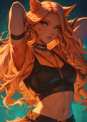 Fiery Sunset Cat Girl Anime Art Print - Premium Wooden Framed Poster. Ready to Hang.