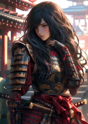 Samurai Maiden Warrior: Elegant Strength in Digital Art - Premium Wooden Framed Poster. Ready to Hang.