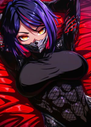 Cyberpunk Ninja Girl on Velvet Red - Premium Wooden Framed Poster. Ready to Hang.