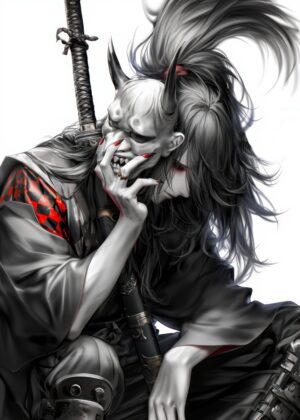 Oni Mask Samurai: A Digital Painting - Premium Wooden Framed Poster. Ready to Hang.