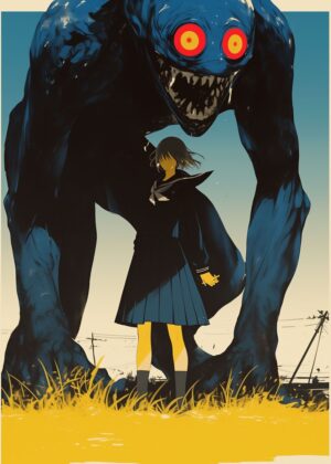 Girl and Giant: An Encounter in the Yellow Field - Premium Wooden Framed Poster. Ready to Hang.