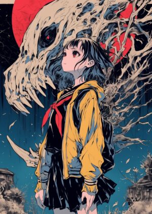 Abnormal Core: Anime Girl and Monstrous Entity Artwork - Premium Wooden Framed Poster. Ready to Hang.