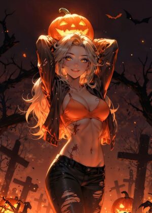 Spooky Anime Pumpkin Girl Halloween Art Print - Premium Wooden Framed Poster. Ready to Hang.