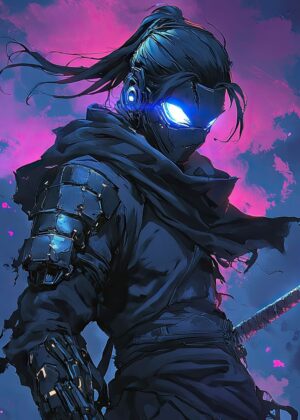 Cyberpunk Ninja: Digital Art Print - Premium Wooden Framed Poster. Ready to Hang.