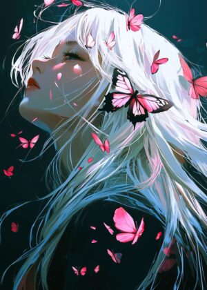 Anime Girl with Butterflies: Dreamy Digital Art Print - Premium Wooden Framed Poster. Ready to Hang.